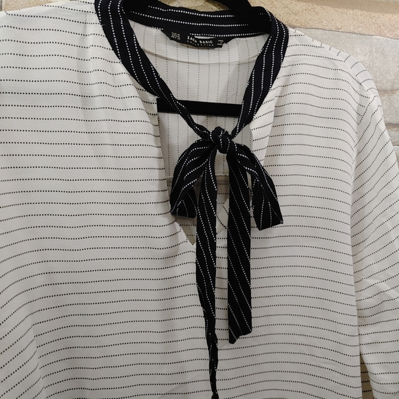 Zara Basic Tunic Blouse Bow Tie Blue/White XL - Picture 4 of 8